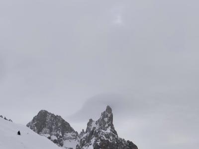 Montagne innevate sotto un cielo grigio con alberi sparsi.