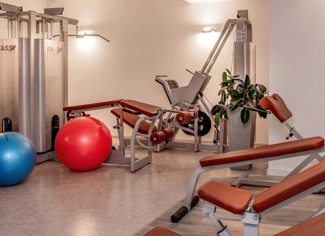 Palestra con attrezzi fitness, palle da ginnastica e piante decorative.