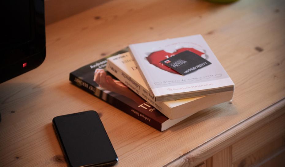 Desk with books, phone, and a green potted plant.